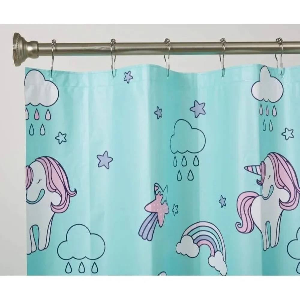 Dream Street Unicorns PEVA Shower Curtain Bath Aqua Blue Clouds Stars Rainbows